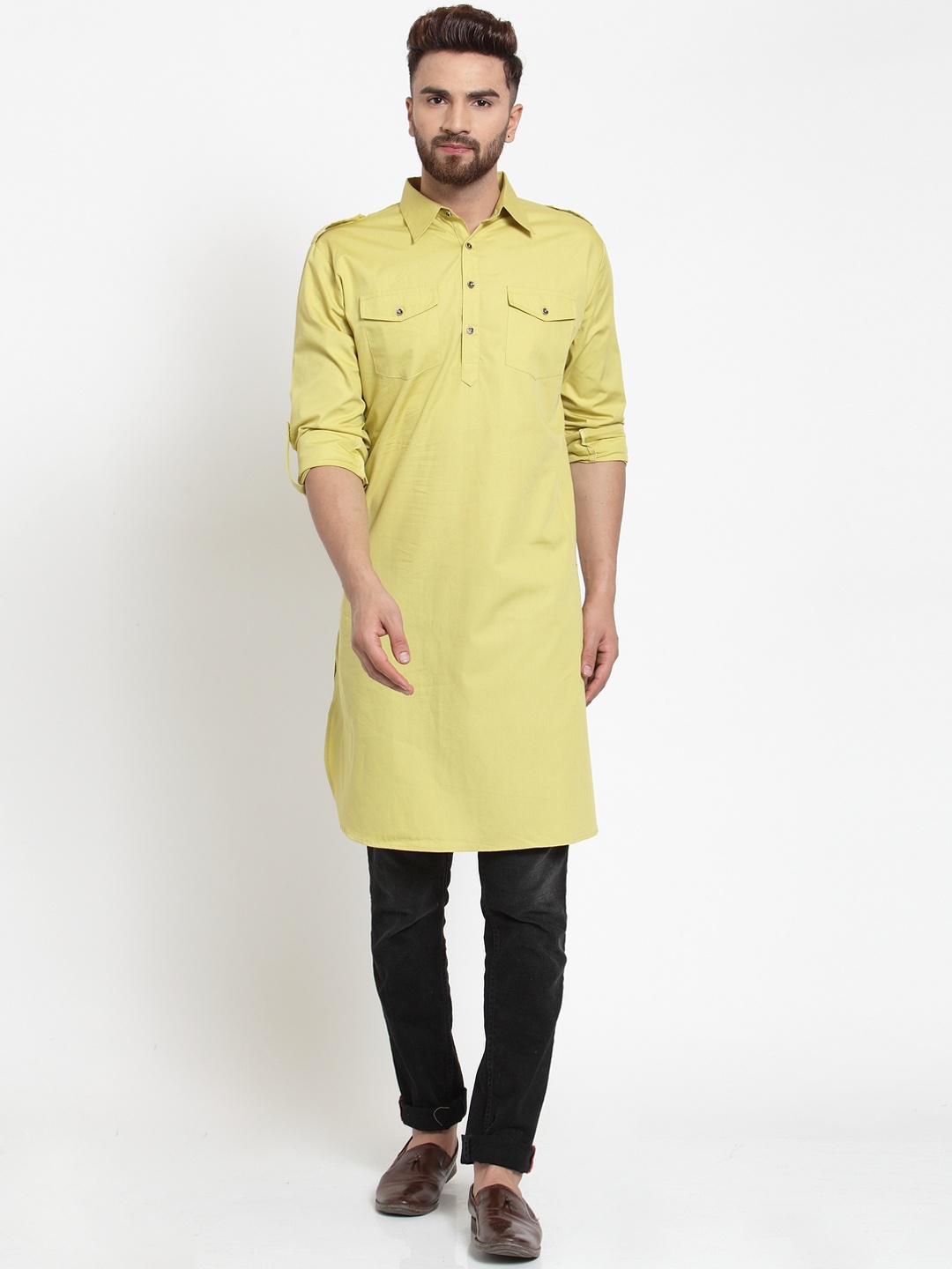 

Purple State Men Green Solid Pathani Kurta