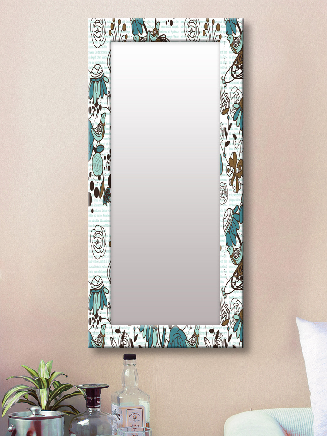 

999Store Blue & White Printed Framed Wall Mirror