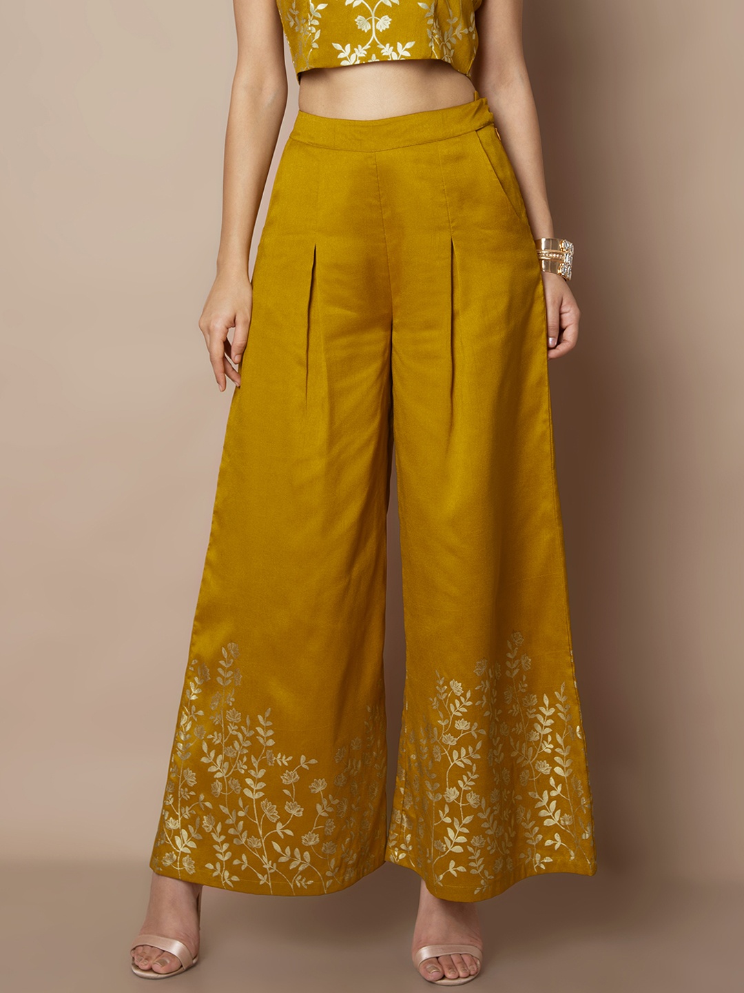 

INDYA Women Mustard Yellow Printed Flared Palazzos