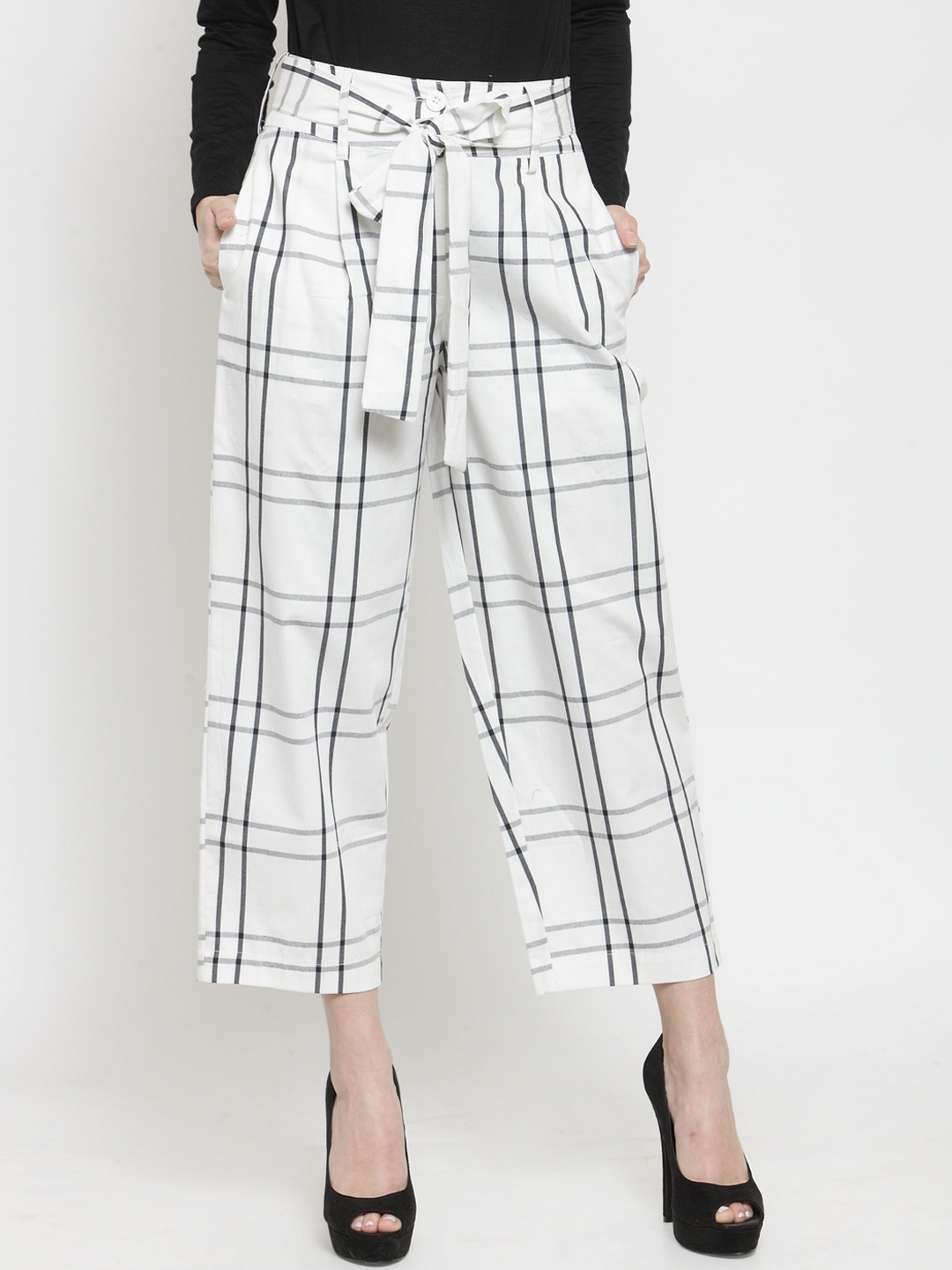 

Sera Women White & White Tapered Fit Checked Culottes