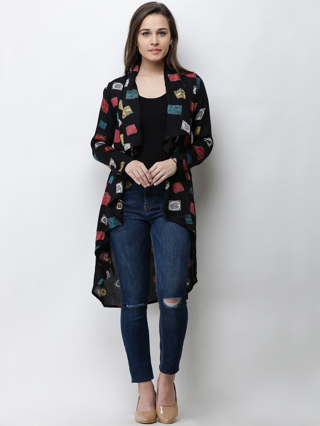 

Cation Women Black Printed Waterfall Longline Shrug