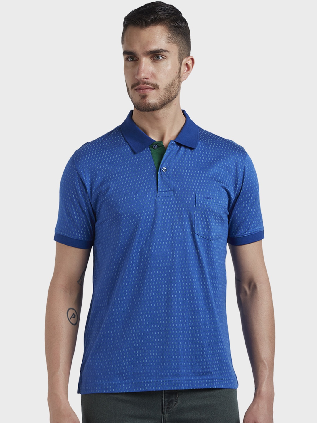 

ColorPlus Men Blue Printed Polo Collar Pure Cotton T-shirt