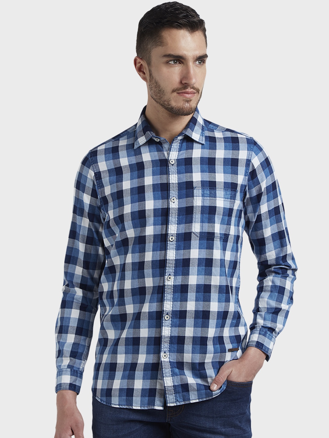 

ColorPlus Men Blue & White Regular Fit Checked Casual Shirt