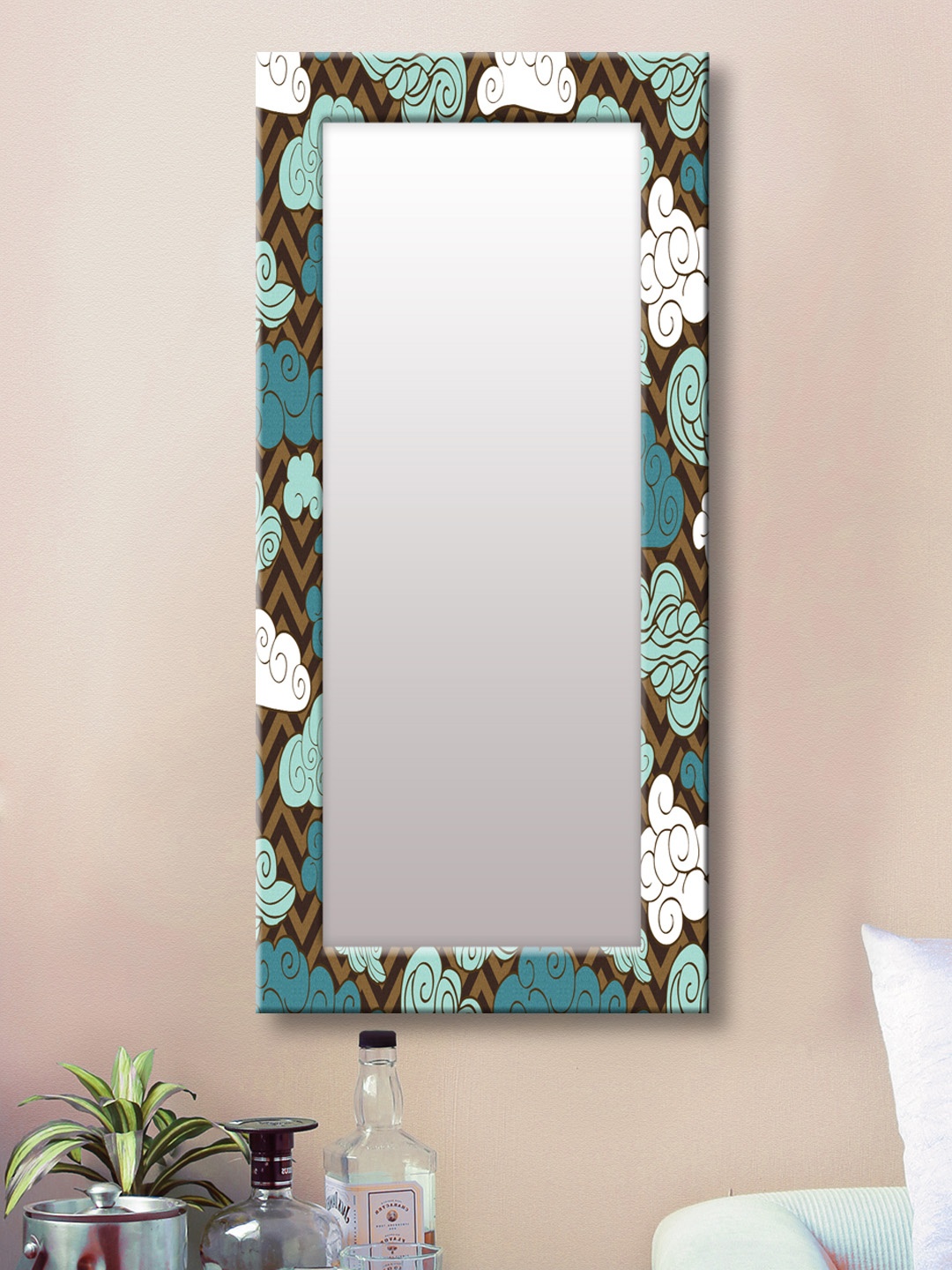 

999Store Blue & Brown Printed Framed Wall Mirror