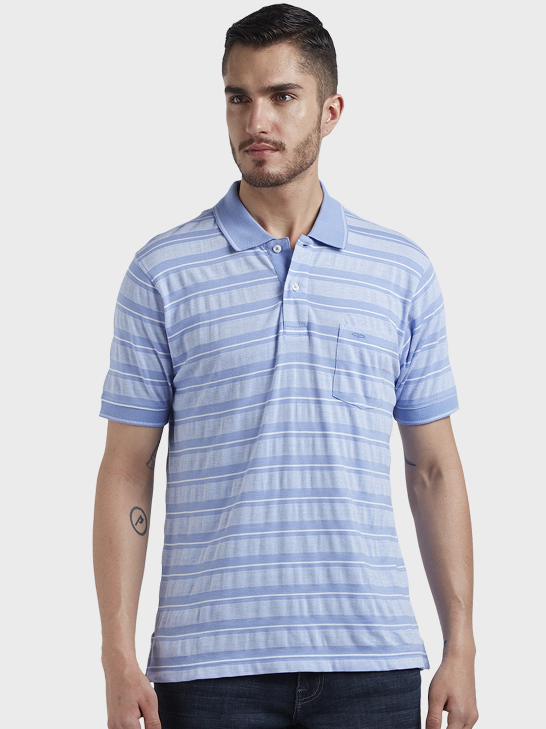 

ColorPlus Men Blue Striped Polo Collar T-shirt