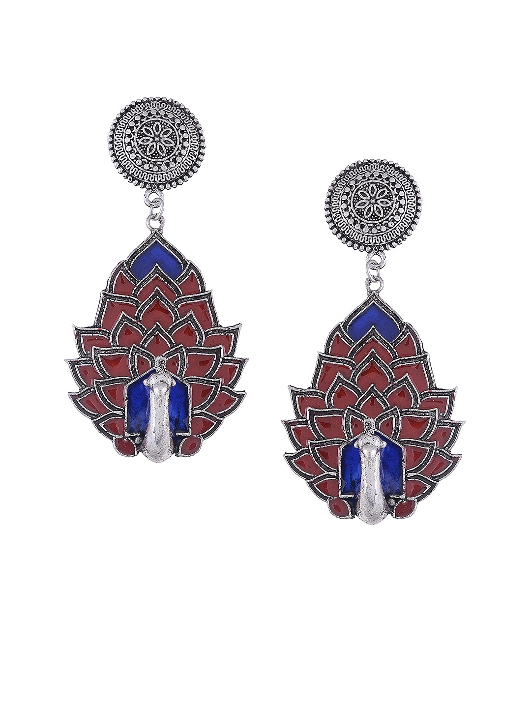 

Silvermerc Designs Silver-Toned & Red Peacock Shaped Drop Earrings