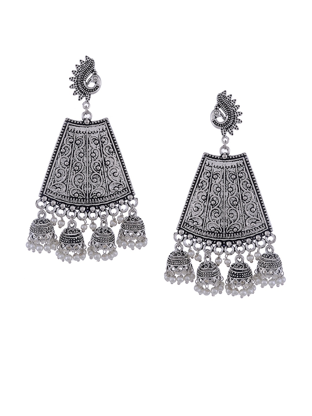 

Silvermerc Designs Silver-Toned & White Geometric Jhumkas