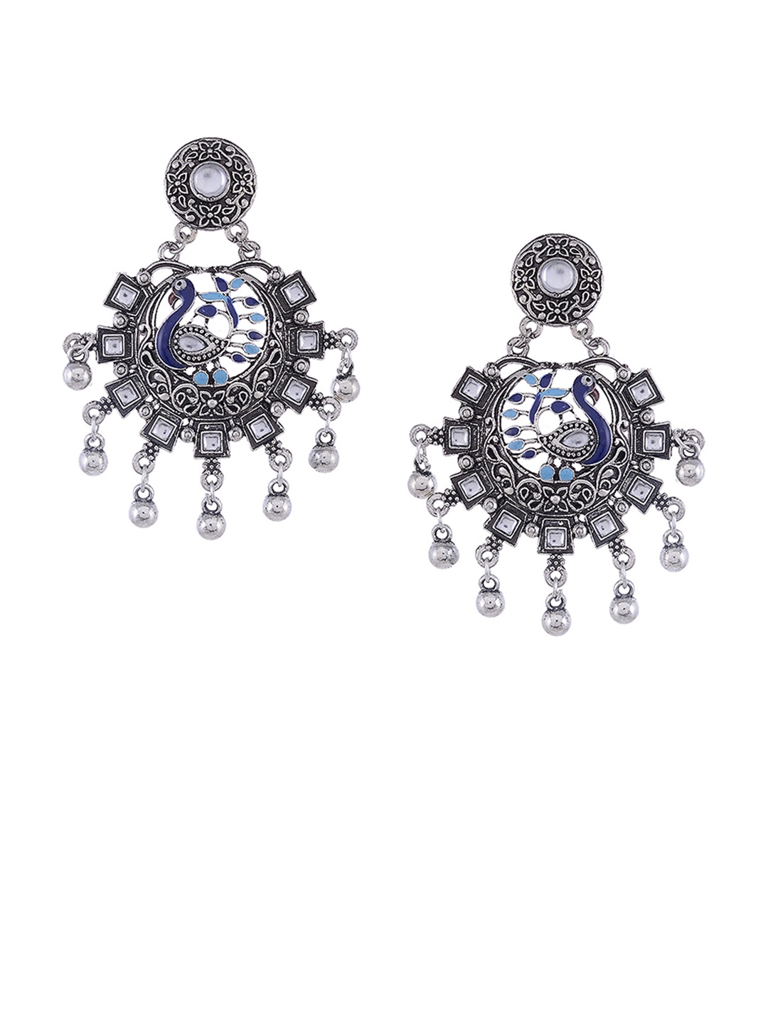 

Silvermerc Designs Silver-Toned & Blue Peacock Shaped Drop Earrings