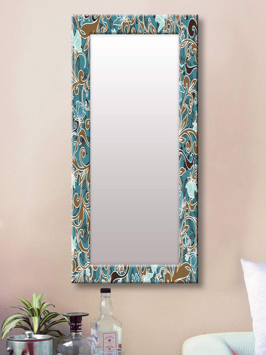 

999Store Blue & Brown Printed Framed Wall Mirror