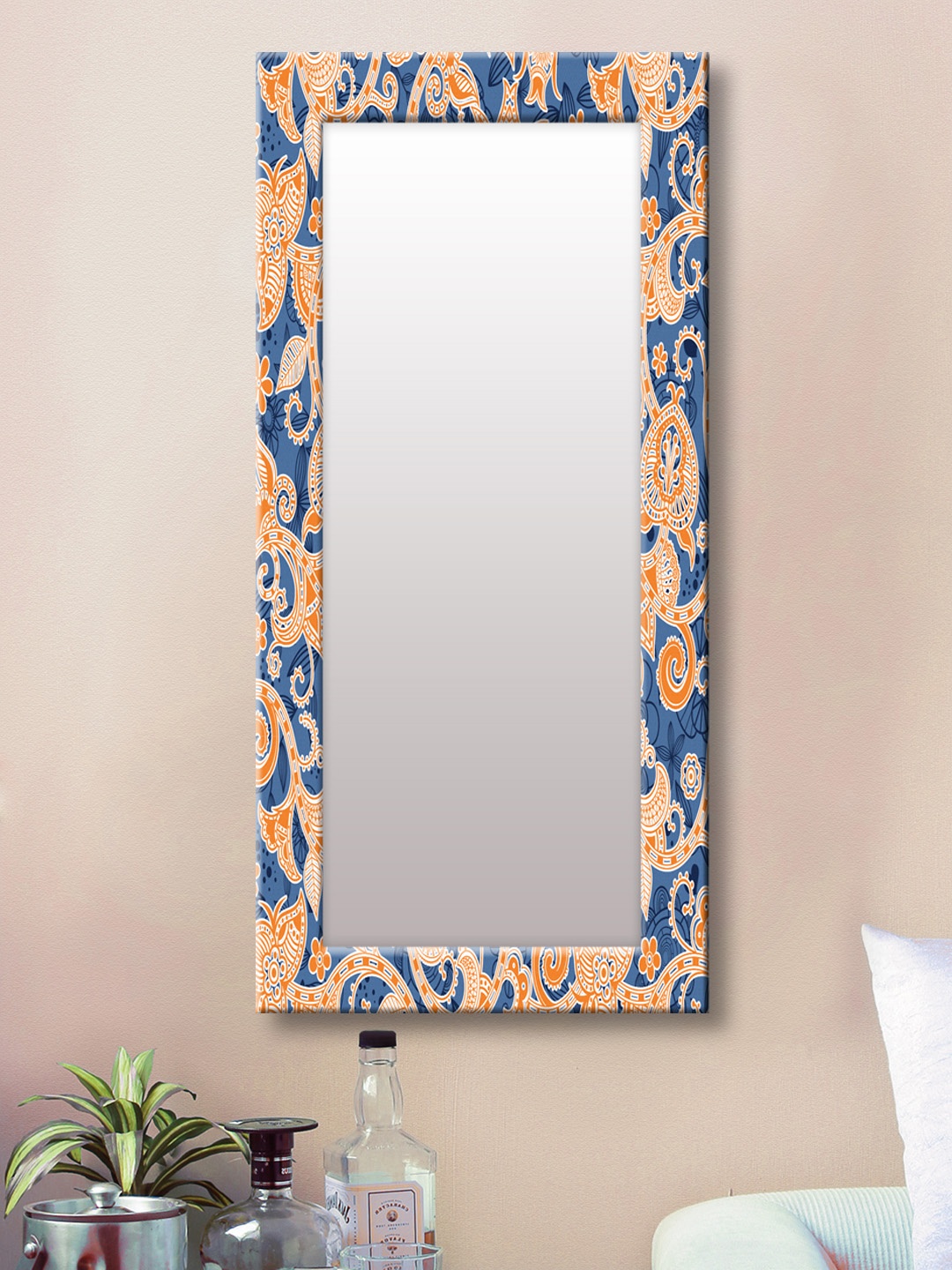

999Store Blue & Orange Printed Framed Wall Mirror