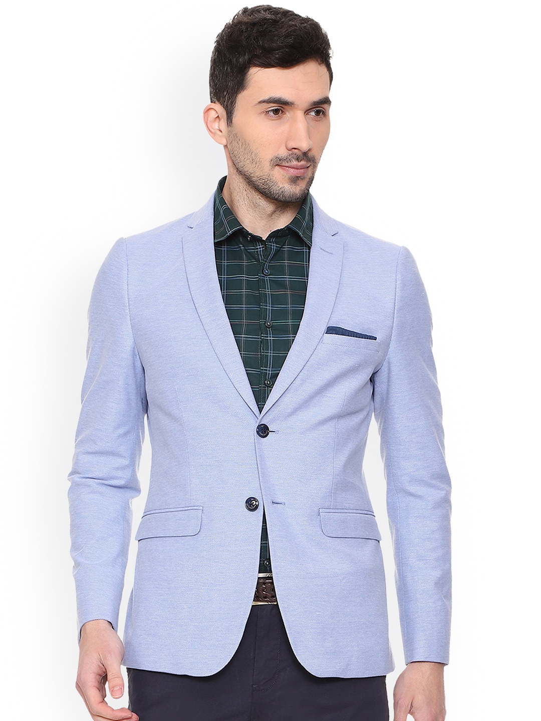 Louis Philippe Men Blue Single Breasted Pure Cotton Blazer