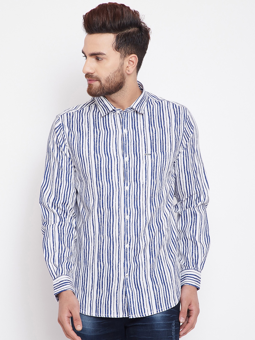 

Canary London Men Navy Blue & White Slim Fit Striped Casual Shirt