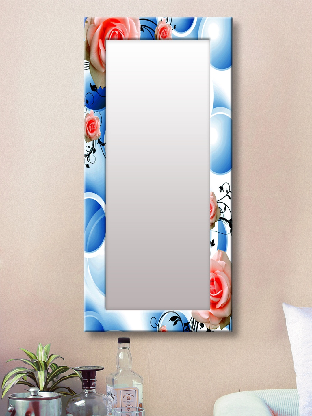 

999Store Blue & White Printed Framed Wall Mirror