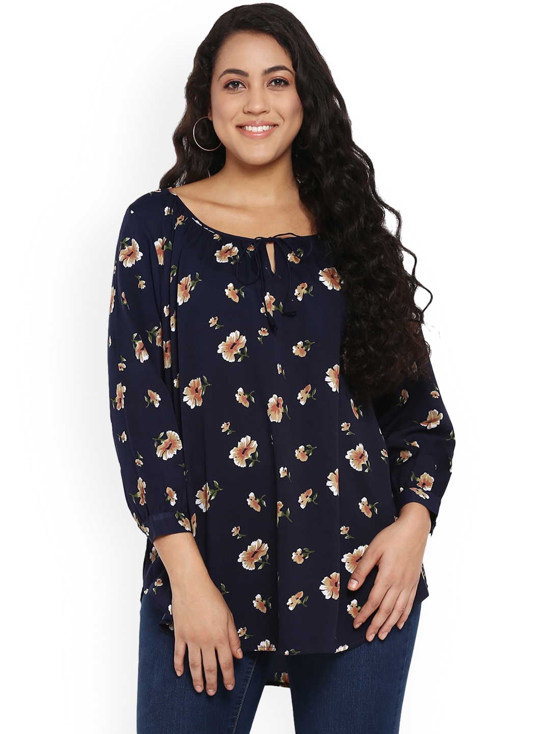 

Qurvii Plus Size Navy Blue Floral Print High-Low Top