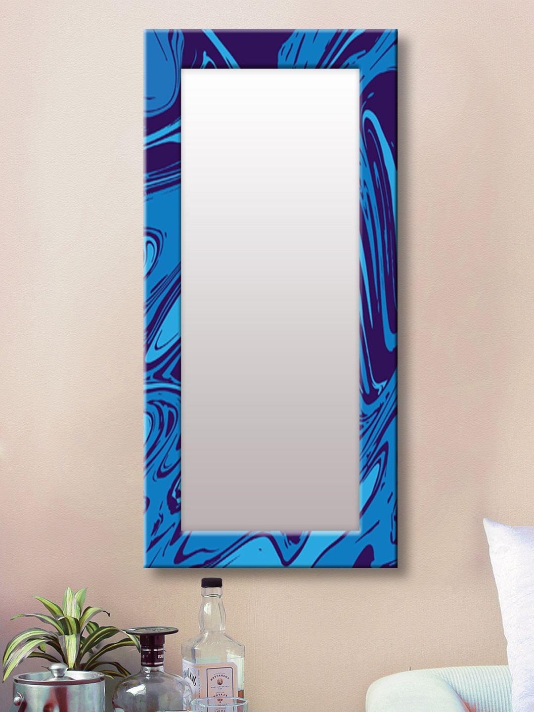 

999Store Blue Printed Framed Wall Mirror