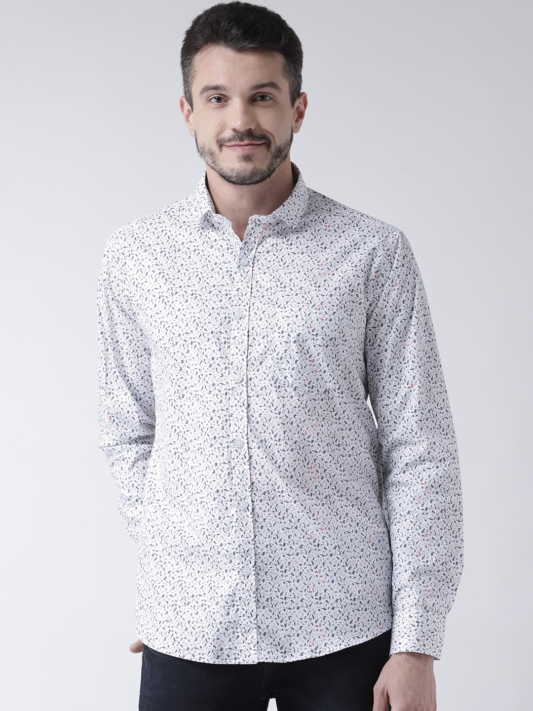 

Routeen Men White Modern Slim Fit Printed Casual Shirt