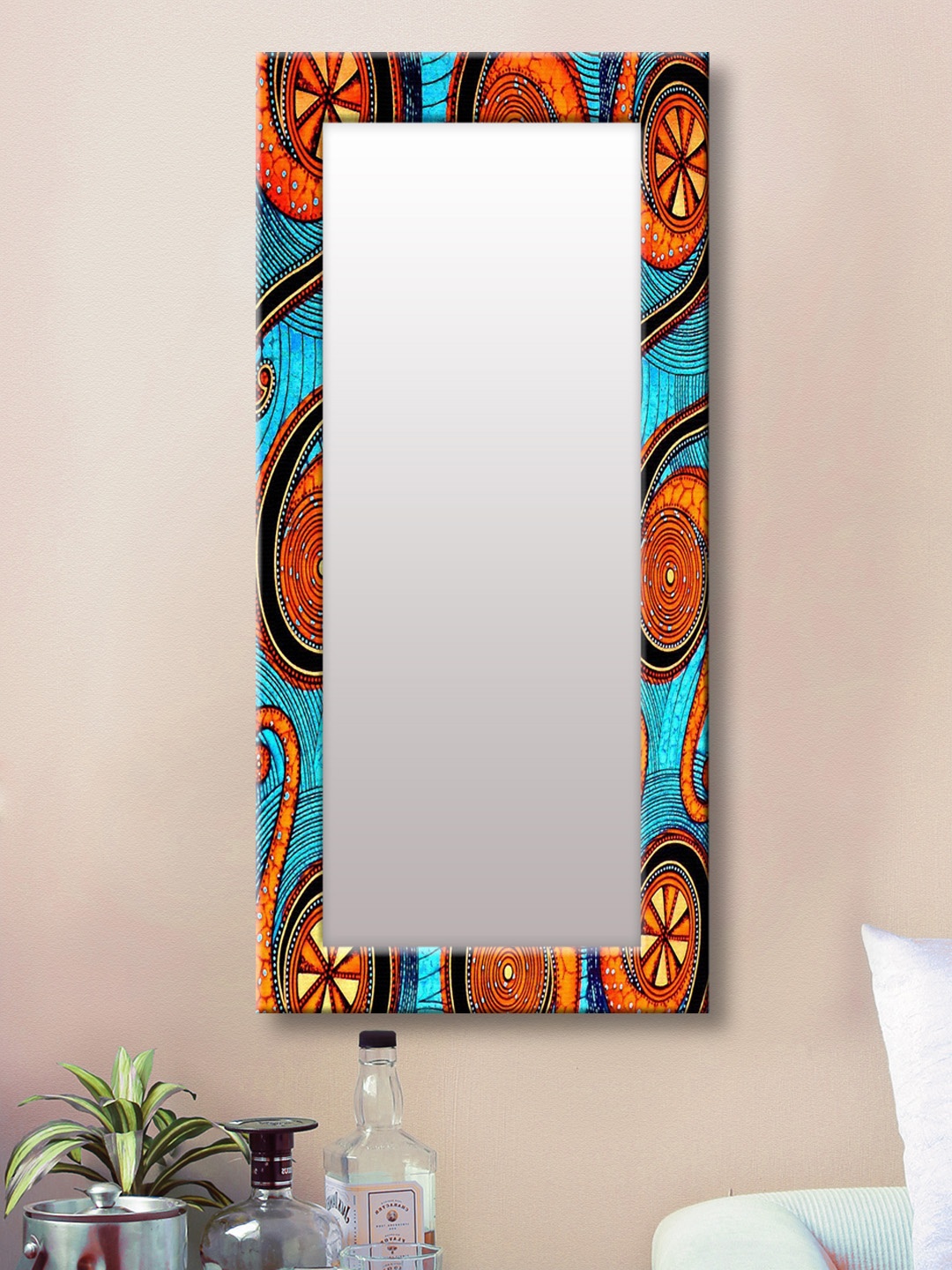 

999Store Blue & Orange Printed Framed Wall Mirror