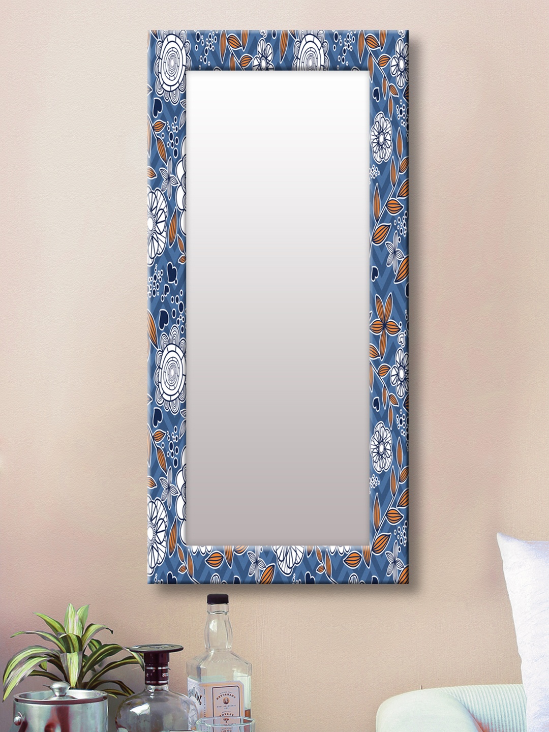 

999Store Blue Printed Framed Wall Mirror