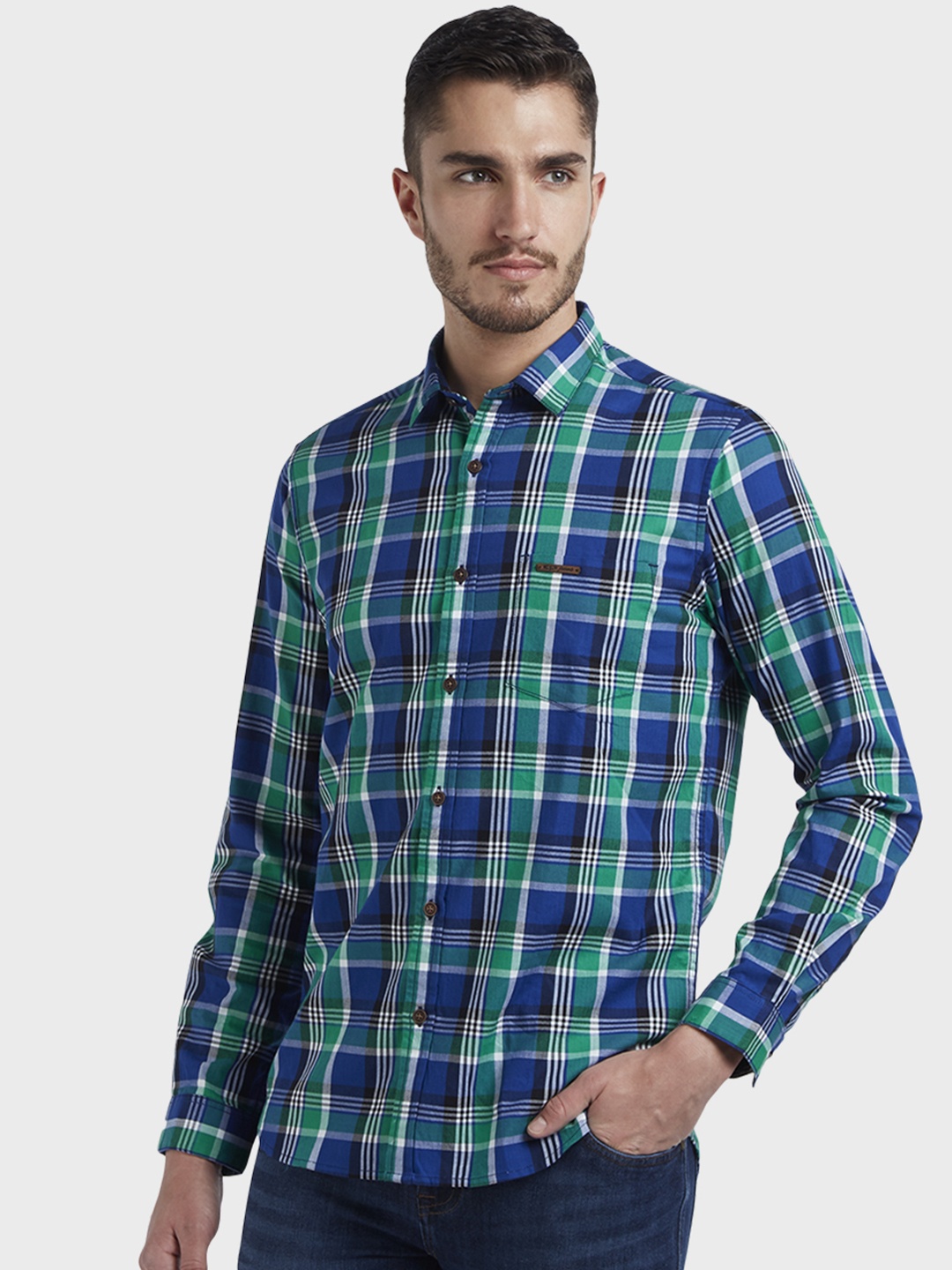 ColorPlus Men Blue & Green Regular Fit Checked Casual Shirt