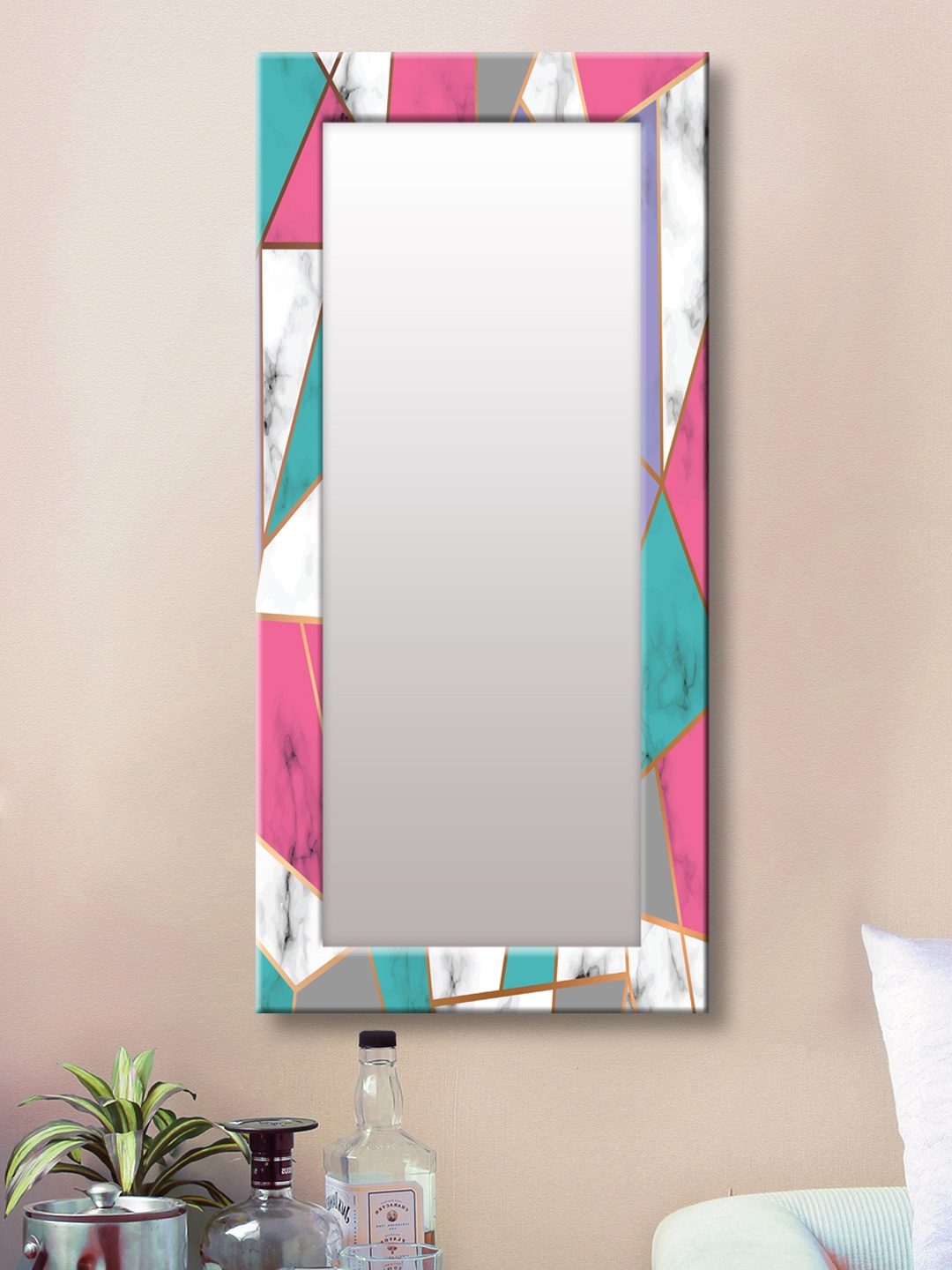 

999Store Blue & Pink Printed Framed Wall Mirror