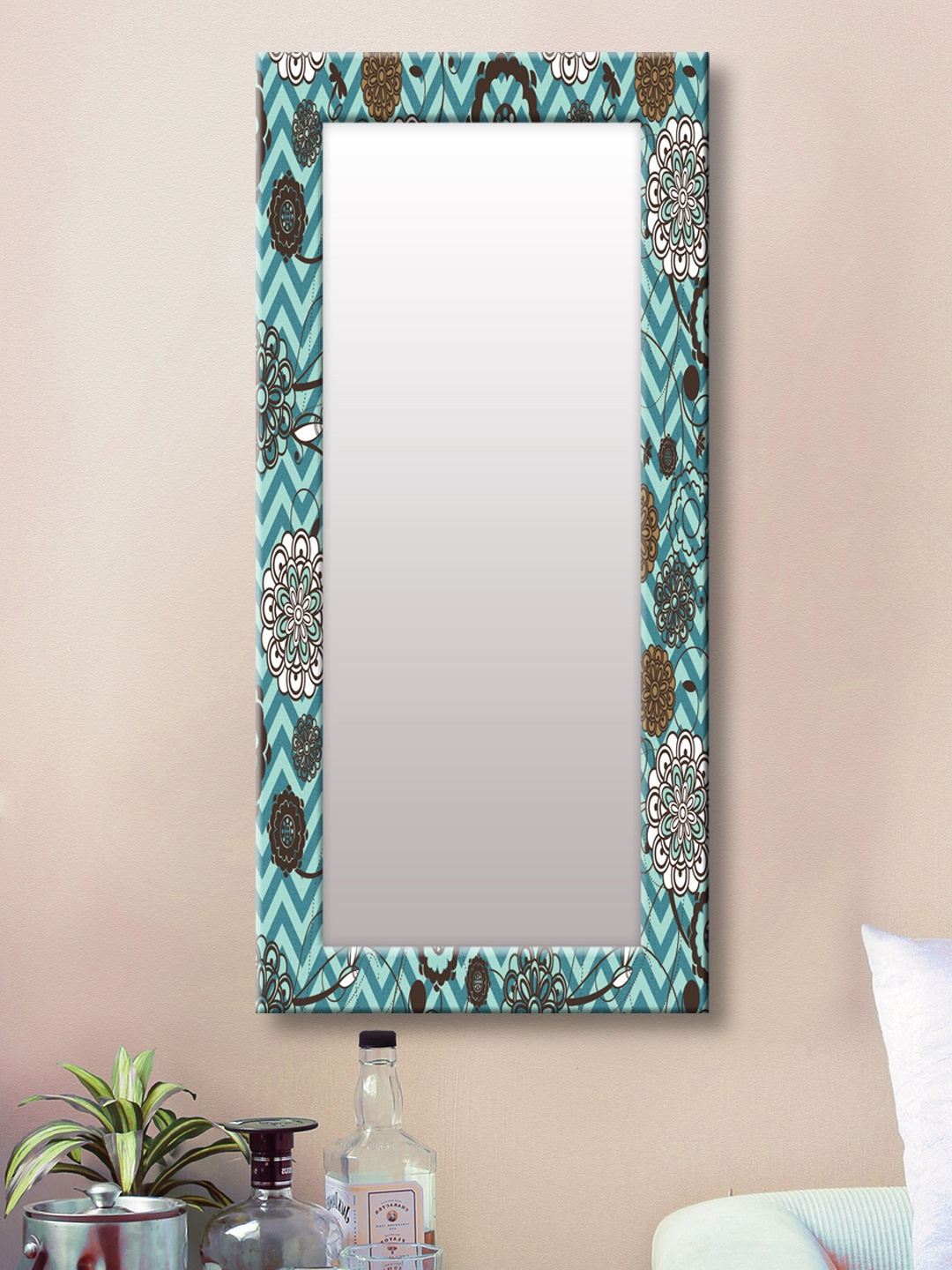 

999Store Blue & Brown Printed Framed Wall Mirror