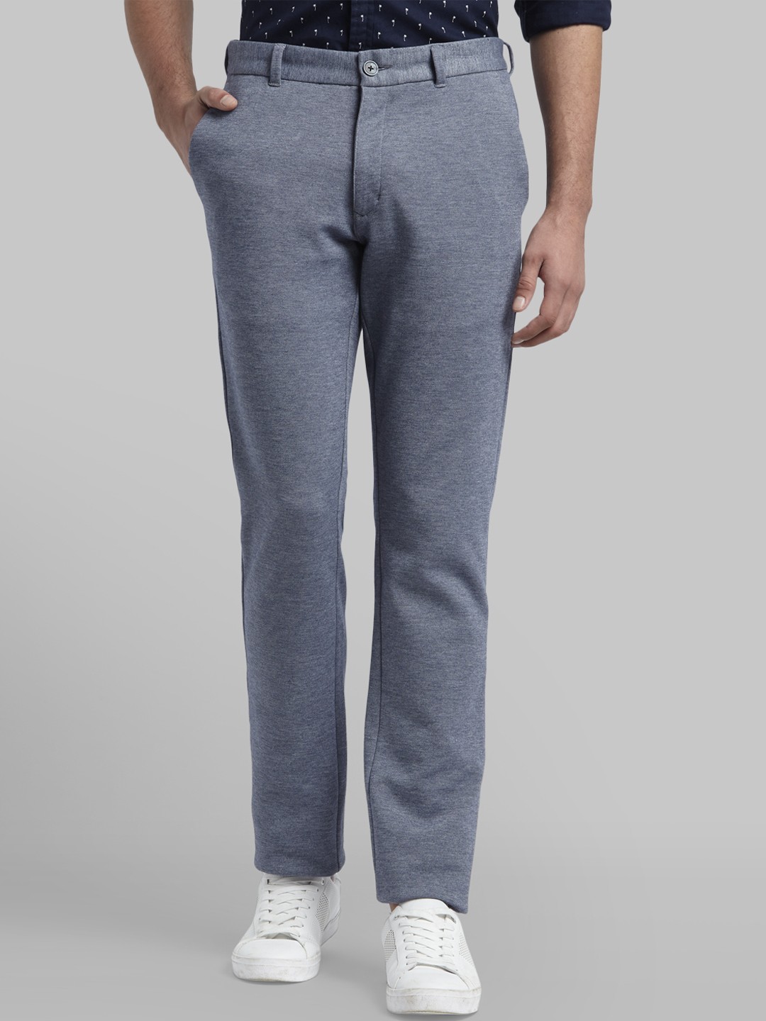 

Parx Men Blue Tapered Fit Self Design Regular Trousers