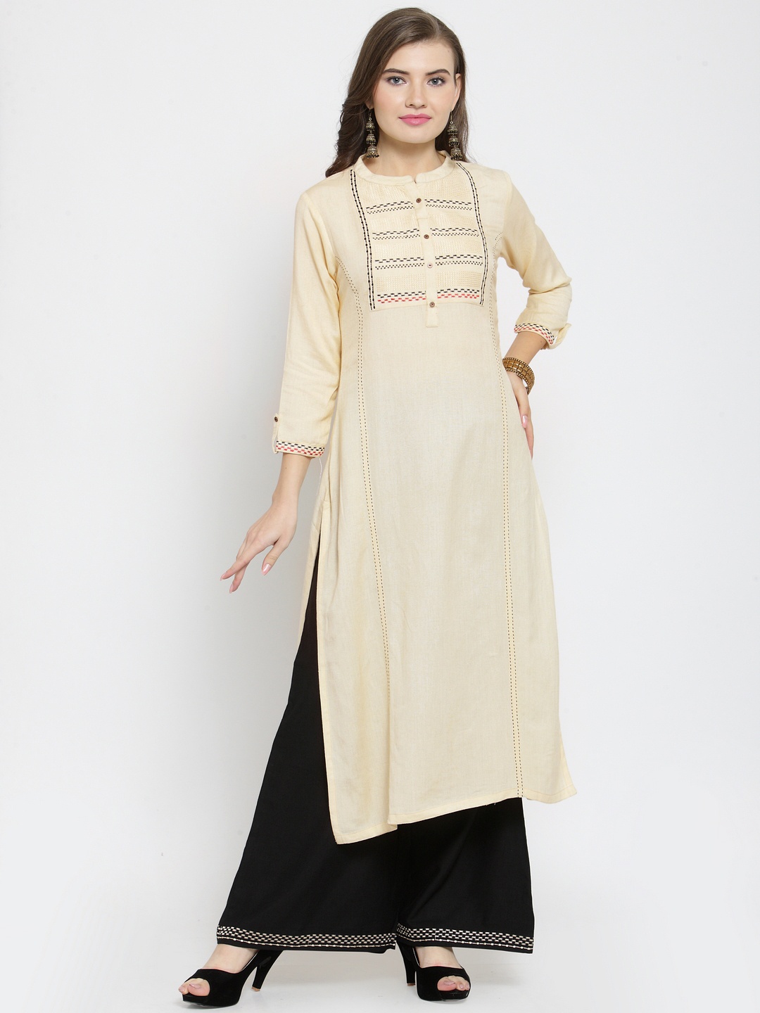 

Kvsfab Women Cream-Coloured Embroidered Straight Kurta
