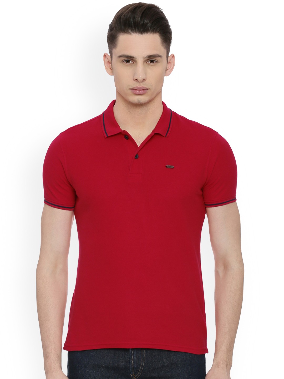 

People Men Red Solid Polo Collar T-shirt