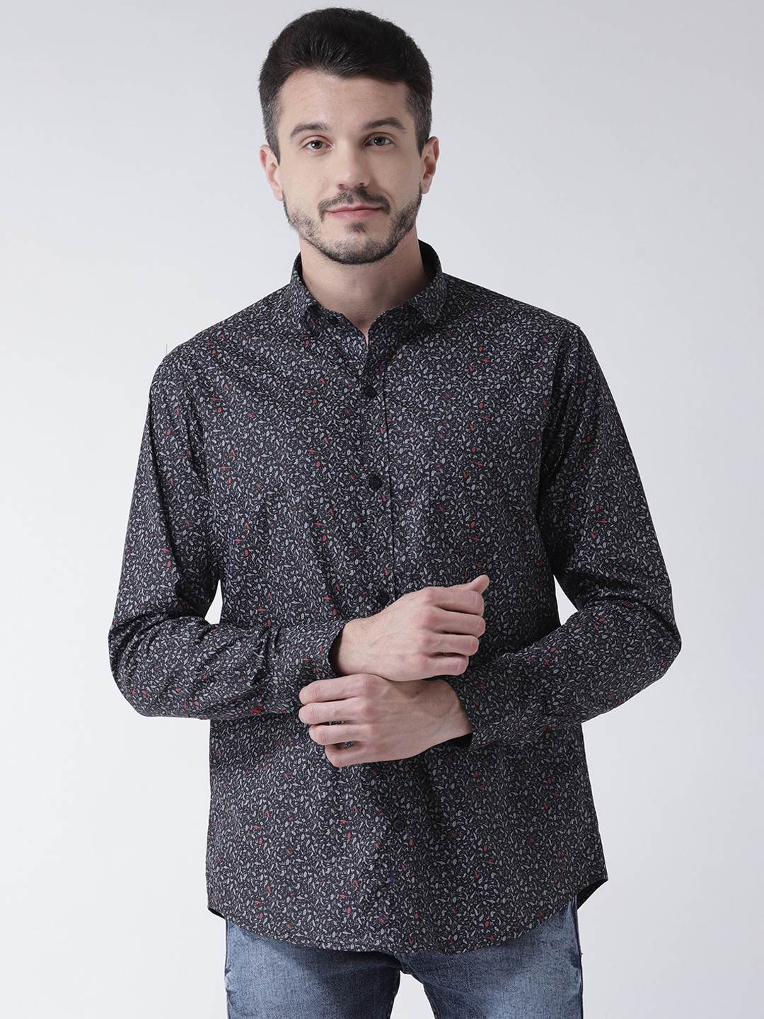 

Routeen Men Charcoal Modern Slim Fit Printed Casual Shirt
