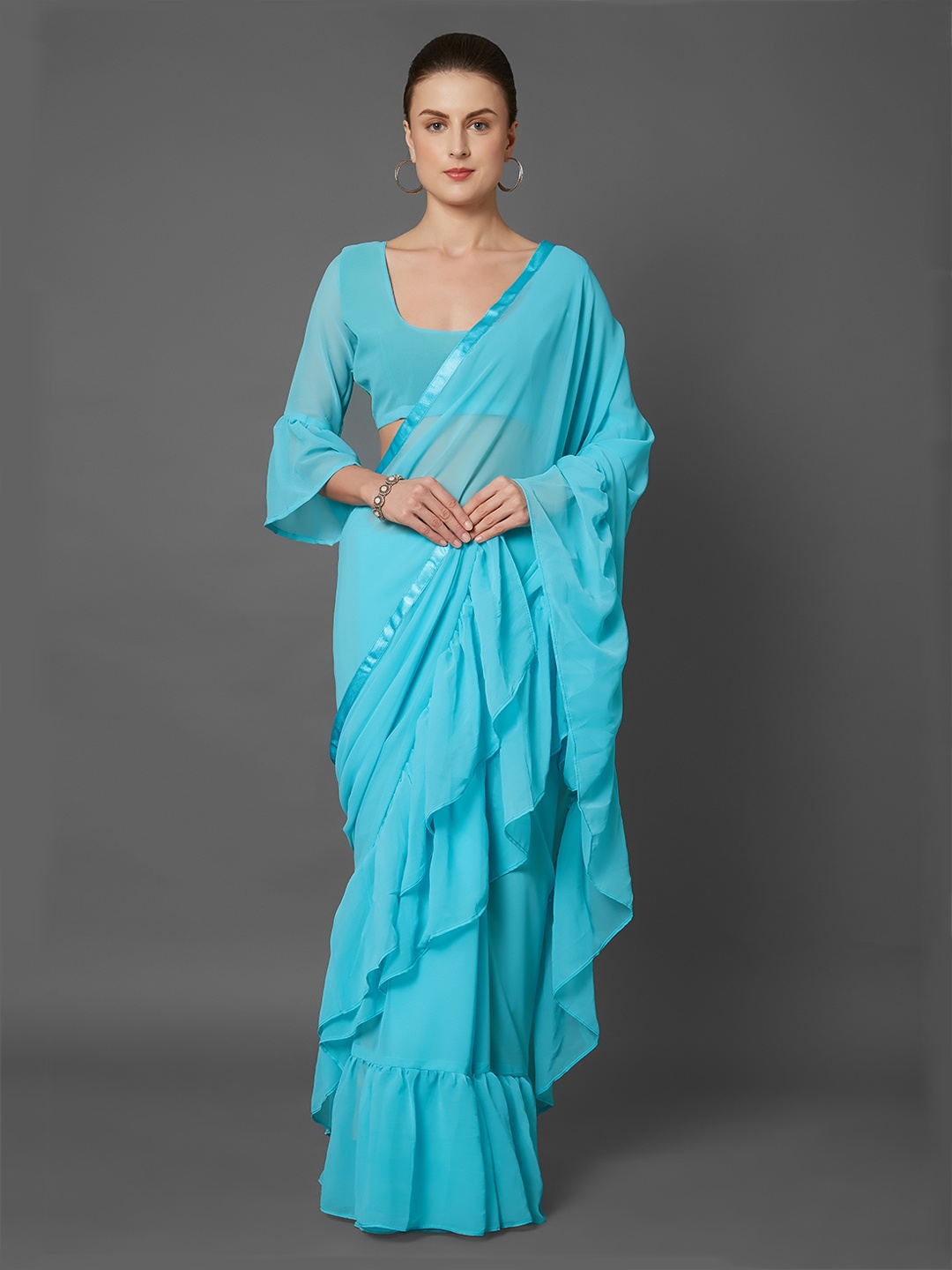 

Mitera Turquoise Blue Poly Georgette Solid Leheriya Saree