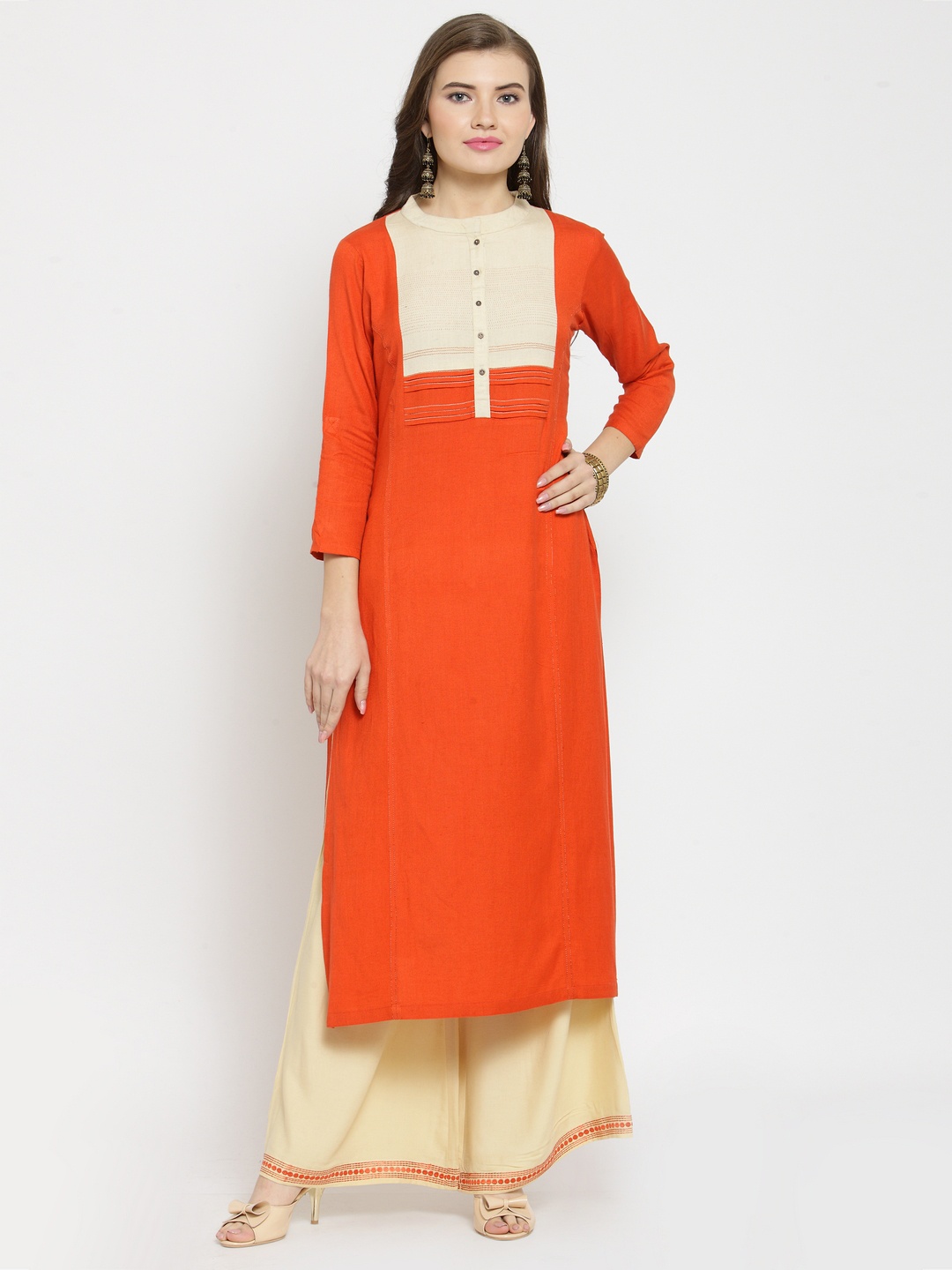 

Kvsfab Women Peach-Coloured Embroidered Straight Kurta