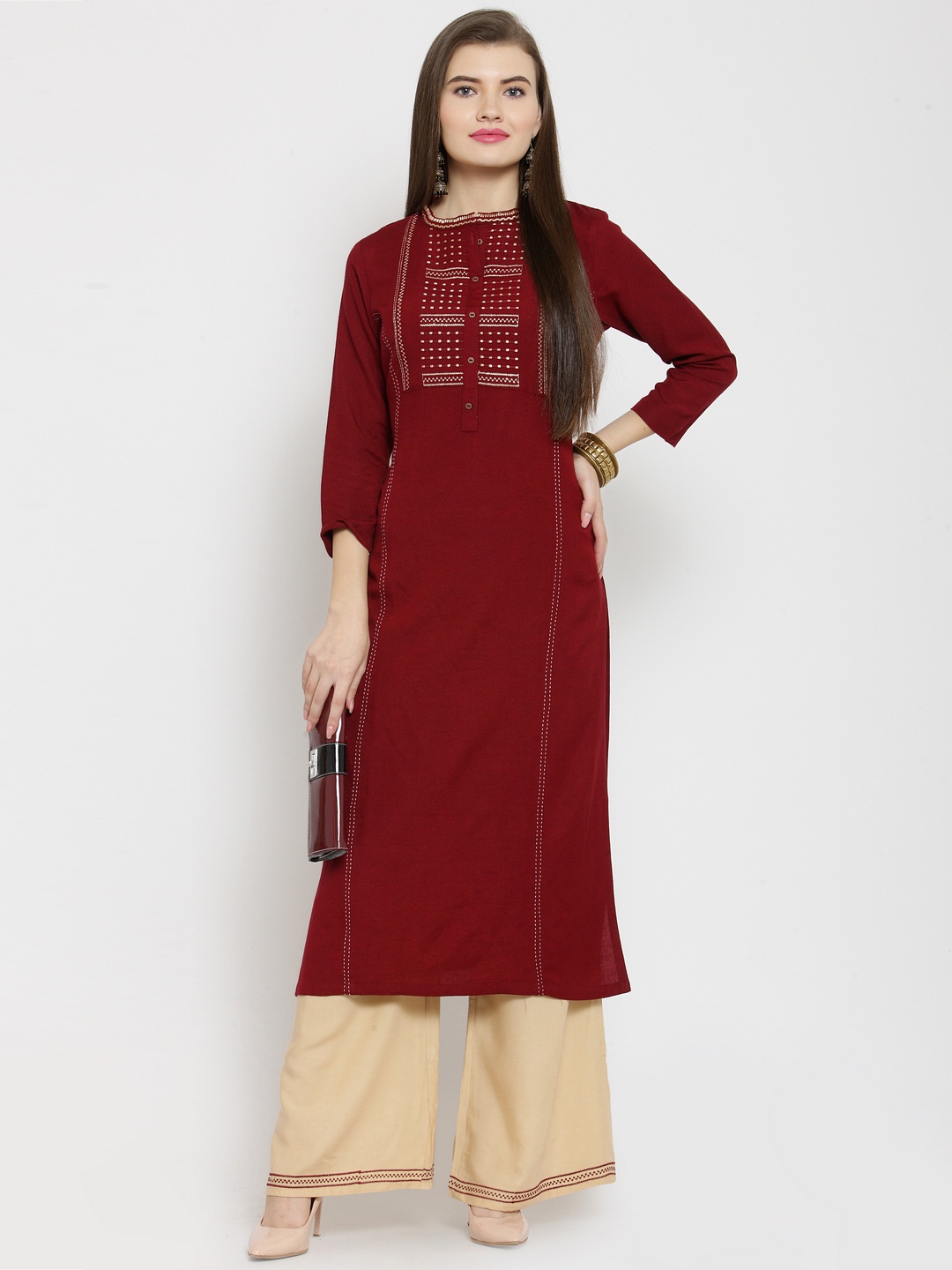 

Kvsfab Women Maroon Embroidered Straight Kurta