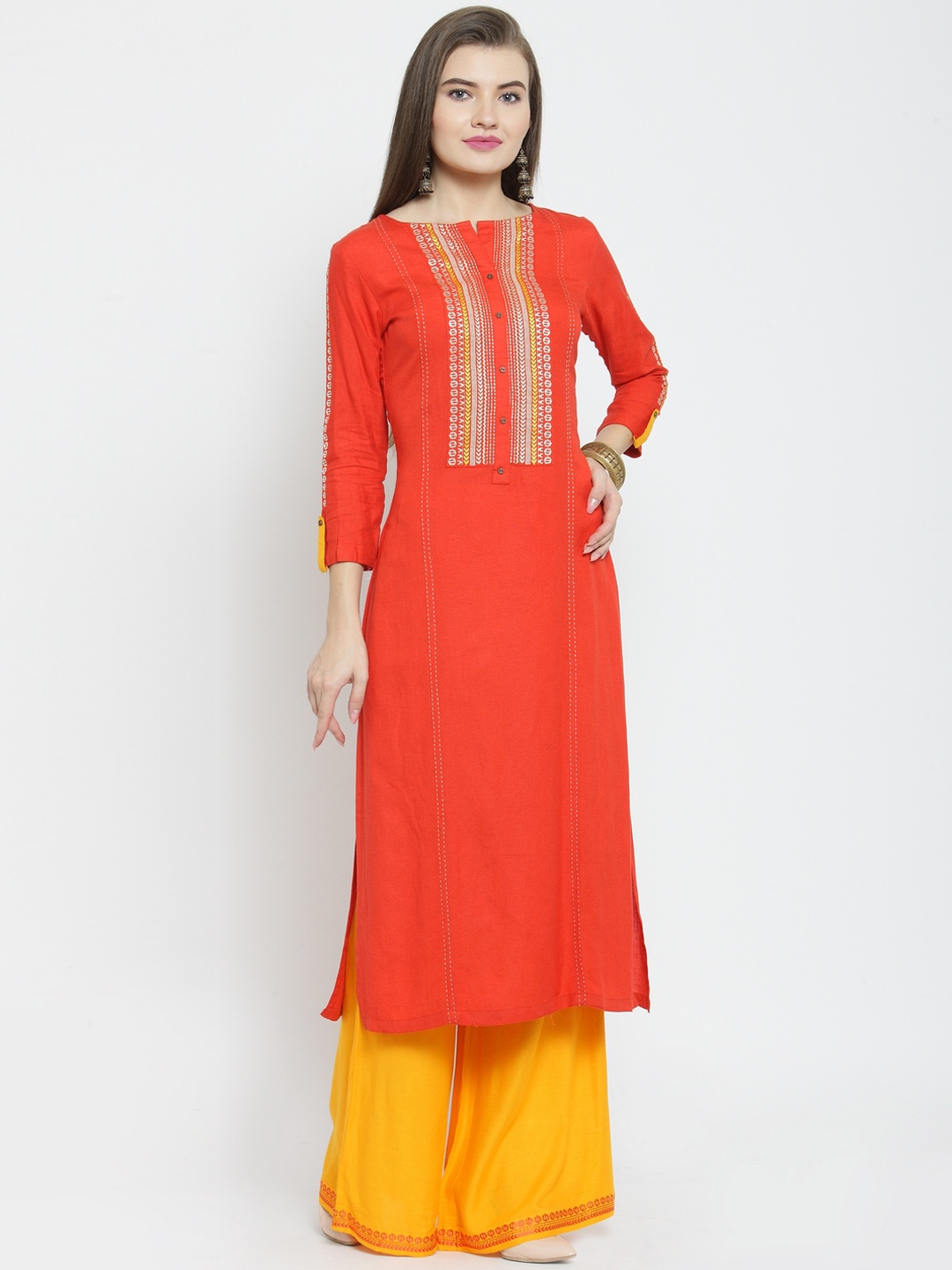 

Kvsfab Women Orange Embroidered Straight Kurta