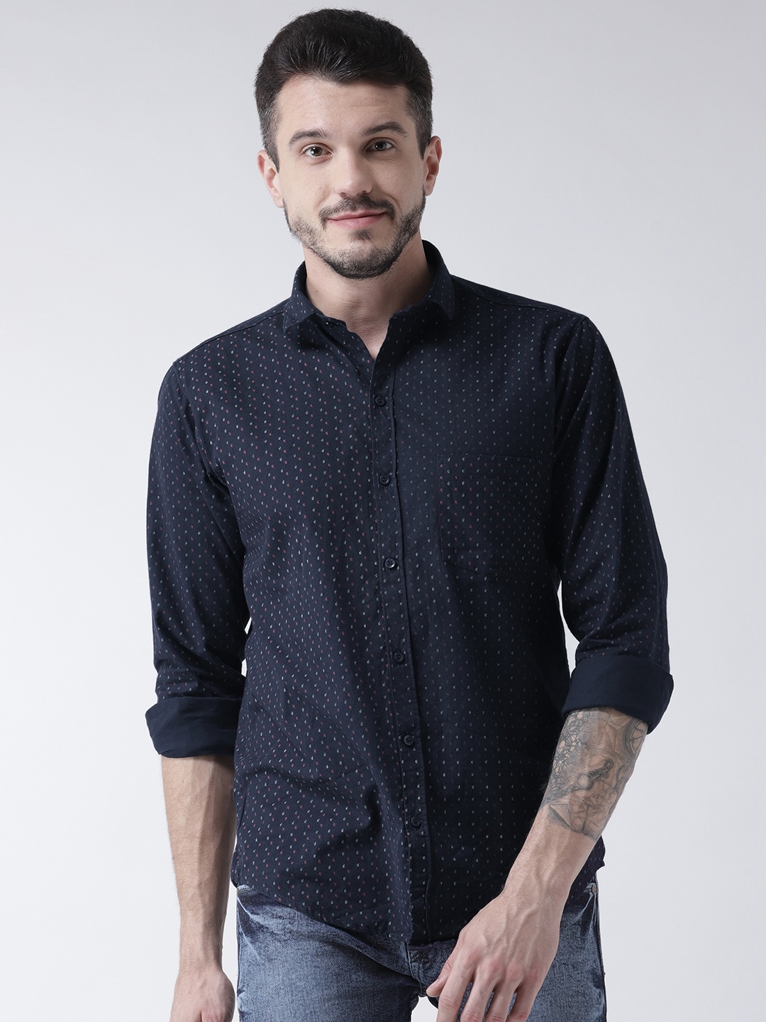 

Routeen Men Navy Blue Modern Slim Fit Printed Casual Shirt