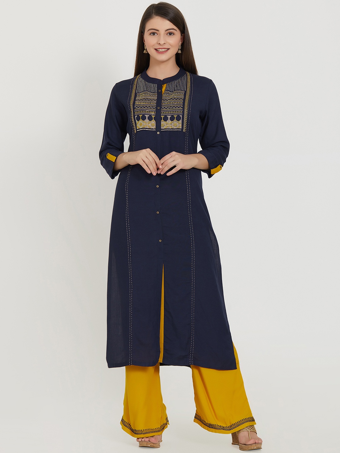 

Kvsfab Women Navy Blue Embroidered Straight Kurta