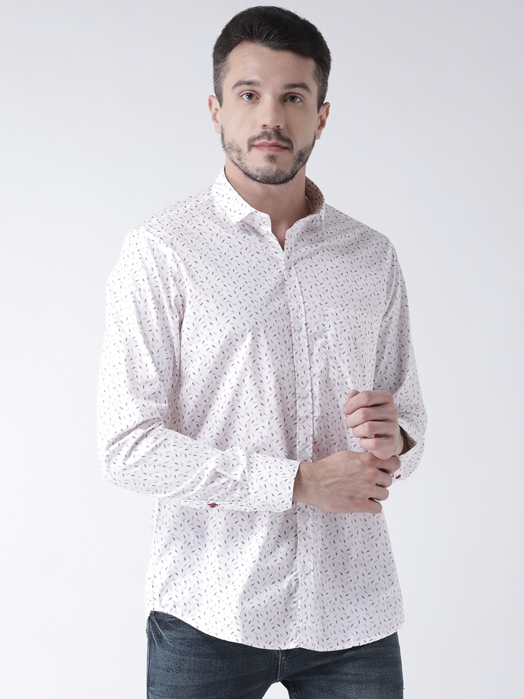 

Routeen Men White Modern Slim Fit Printed Casual Shirt