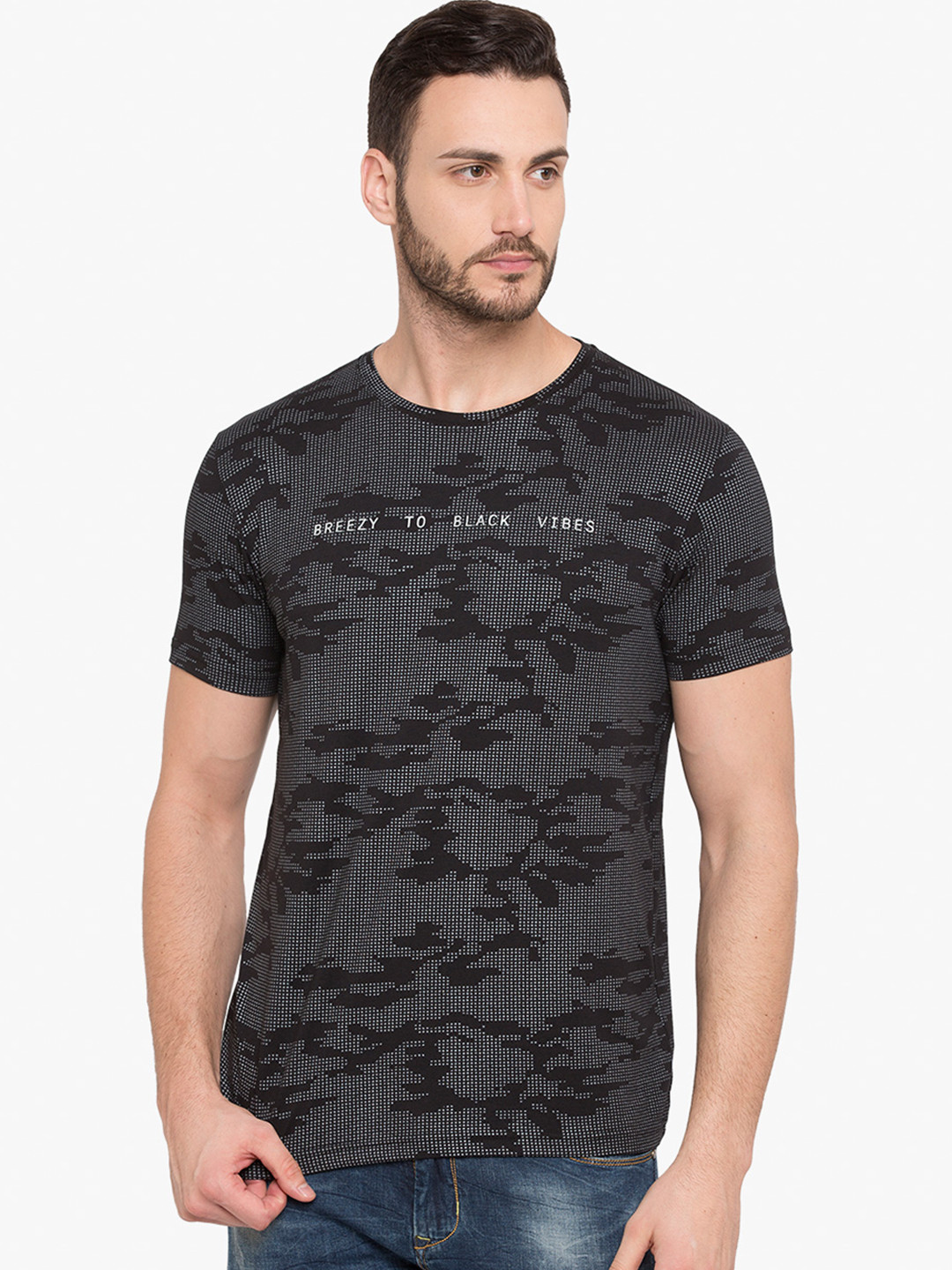 

Status Quo Men Black Printed Round Neck Pure Cotton T-shirt