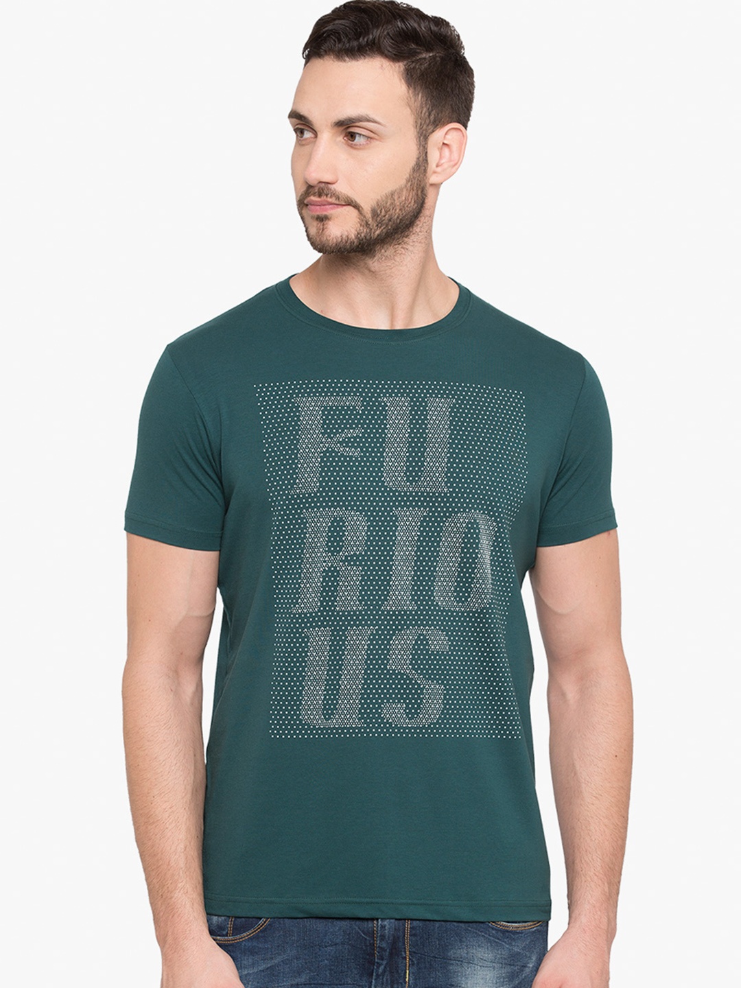 

Status Quo Men Green Printed Round Neck Pure Cotton T-shirt