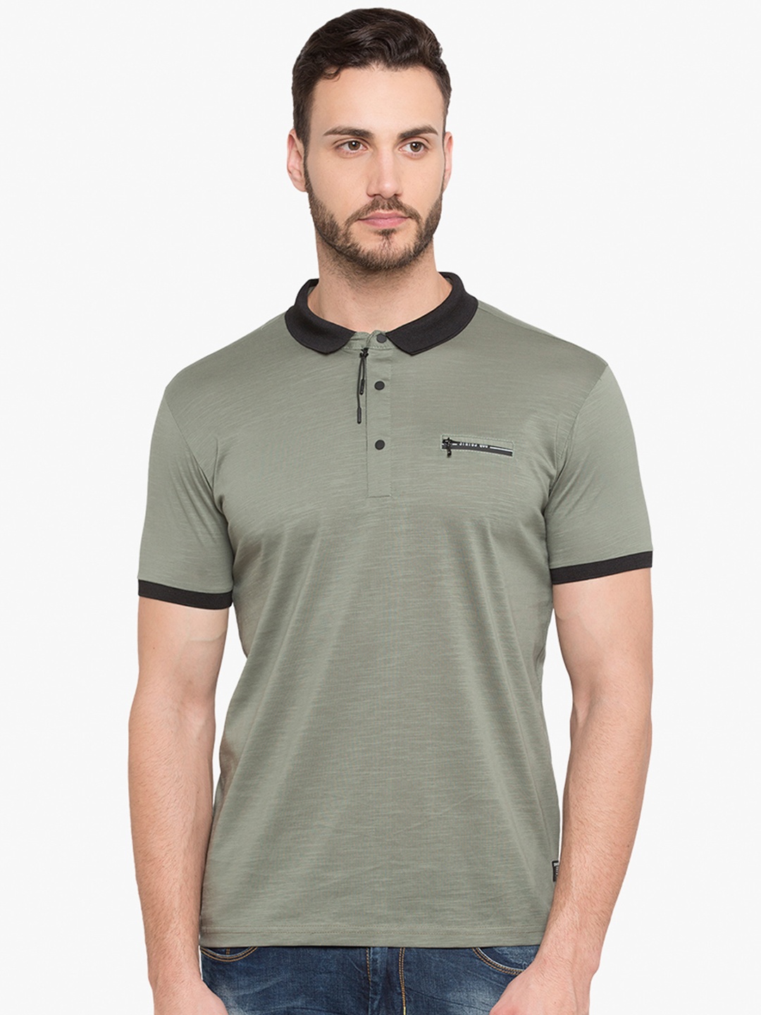 

Status Quo Men Green Solid Polo Collar Slim Fit Pure Cotton T-shirt