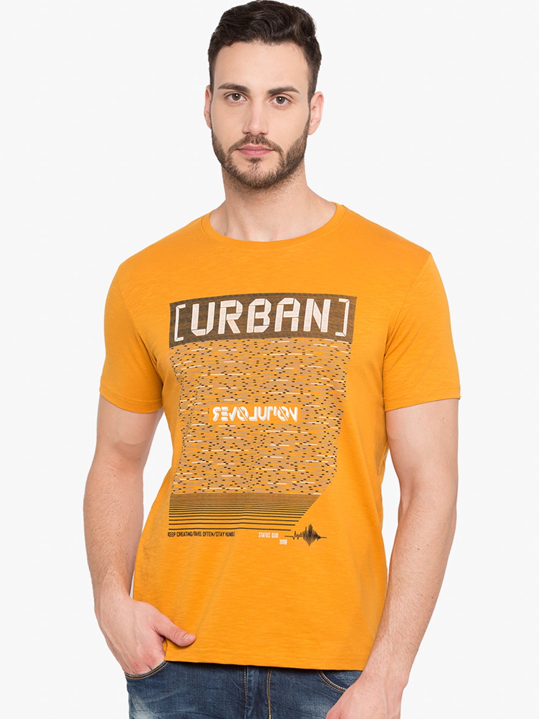 

Status Quo Men Mustard Yellow Printed Round Neck Pure Cotton T-shirt