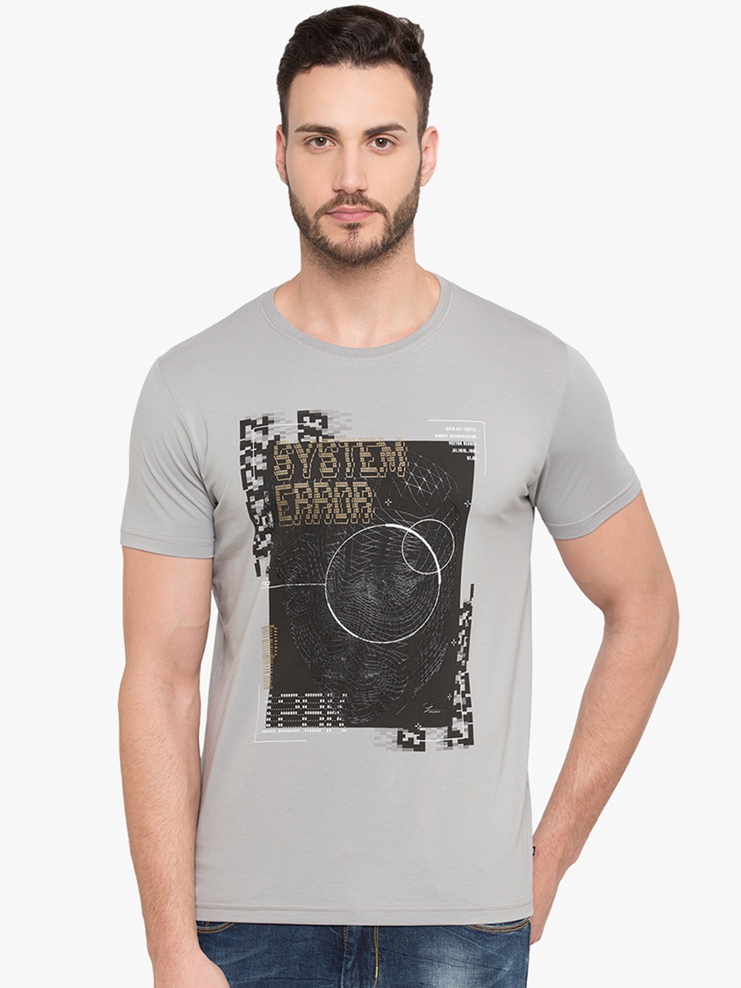 

Status Quo Men Grey Printed Round Neck Pure Cotton T-shirt