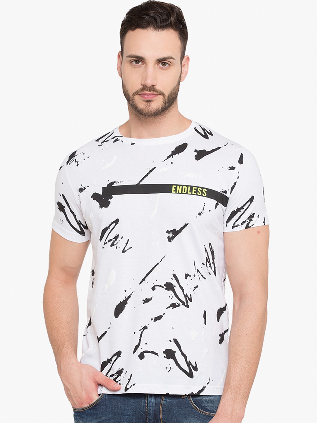 

Status Quo Men White Printed Round Neck T-shirt
