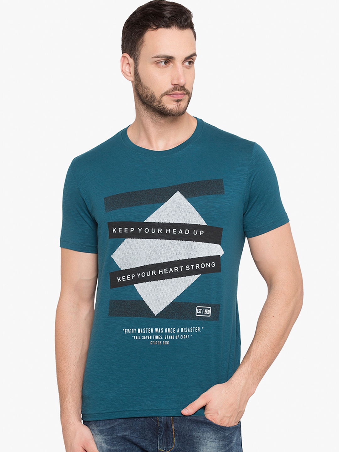 

Status Quo Men Teal Printed Round Neck Pure Cotton T-shirt