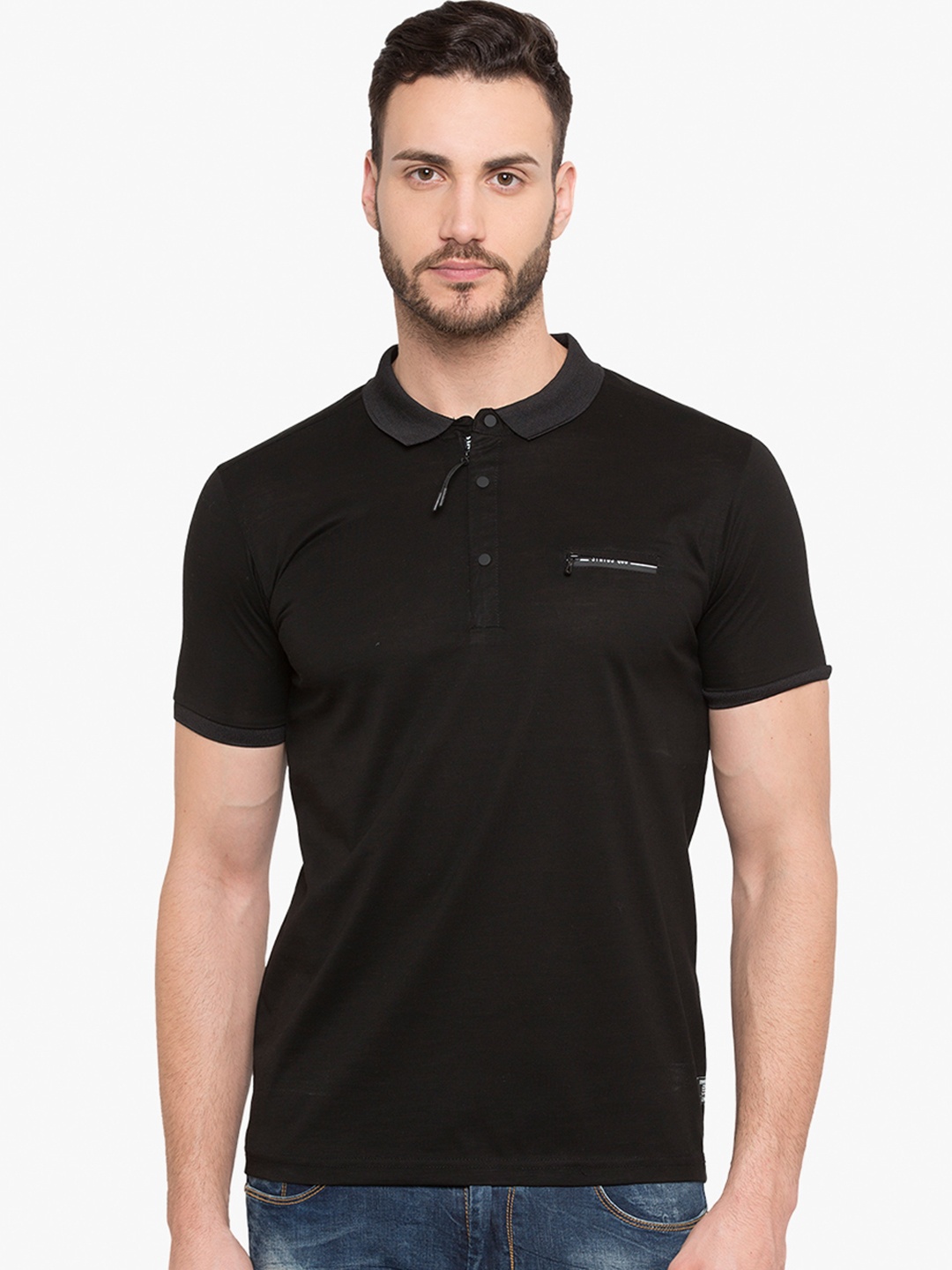 

Status Quo Men Black Solid Polo Collar T-shirt