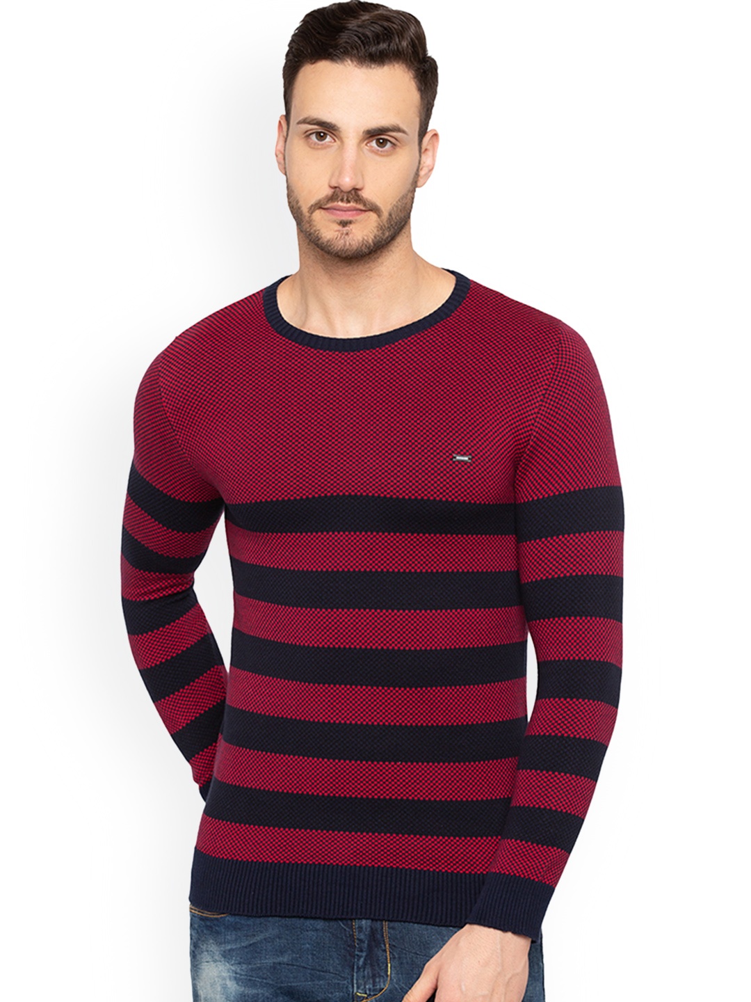 Status Quo Men Maroon & Black Striped Pullover
