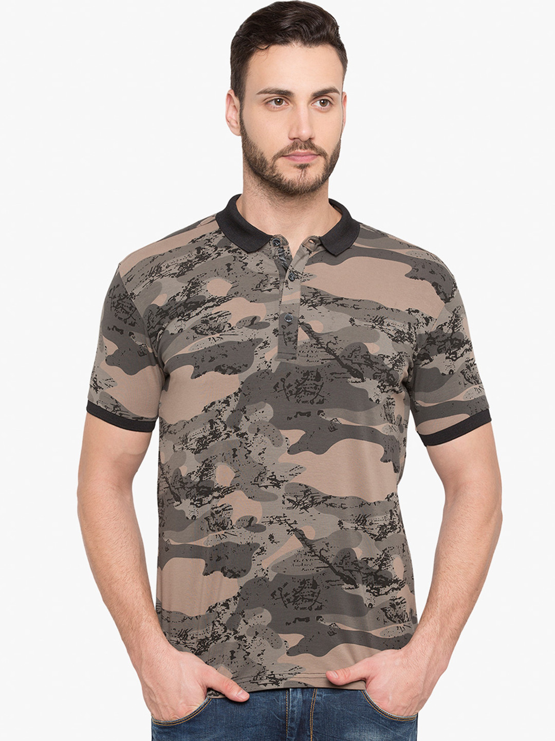 

Status Quo Men Olive Brown Printed Slim Fit Polo Collar Pure Cotton T-shirt