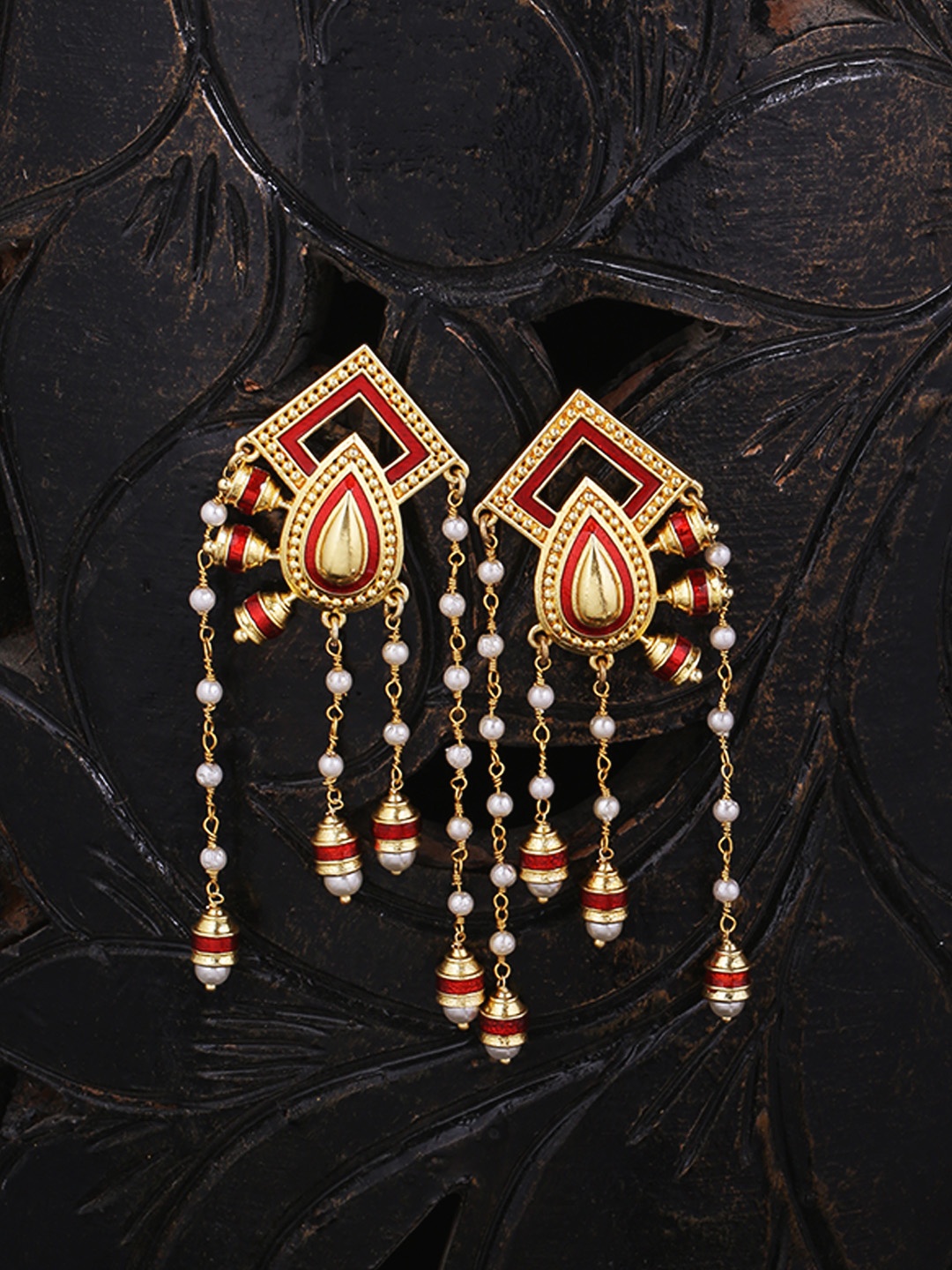 

Voylla Gold-Plated Red Temple Contemporary Drop Earrings