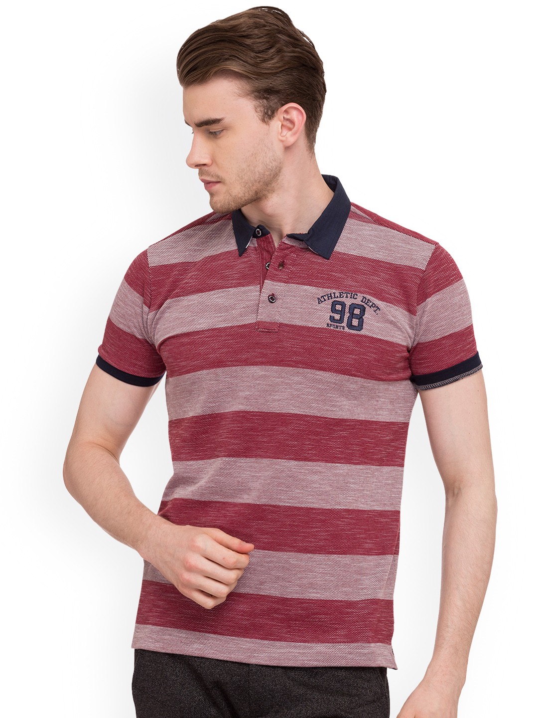 

Status Quo Men Maroon Striped Slim Fit Polo Collar Pure Cotton T-shirt