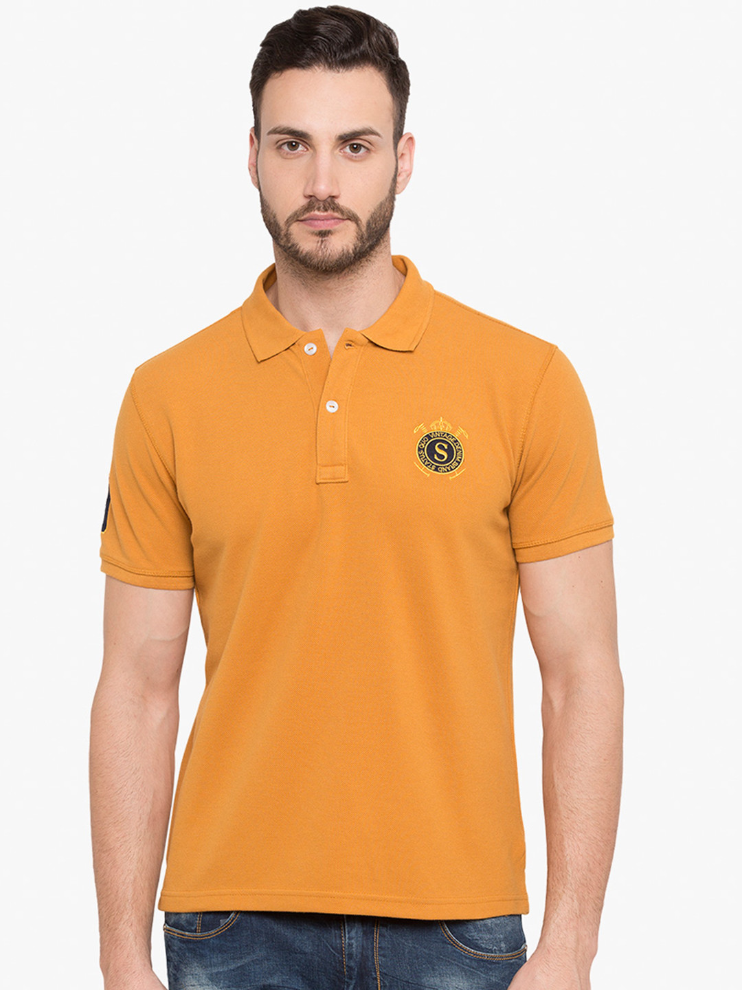 

Status Quo Men Orange Solid Polo Collar Pure Cotton T-shirt
