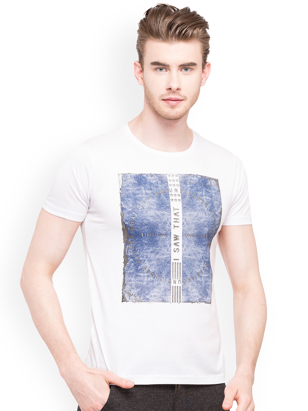 

Status Quo Men White Printed Round Neck Pure Cotton T-shirt